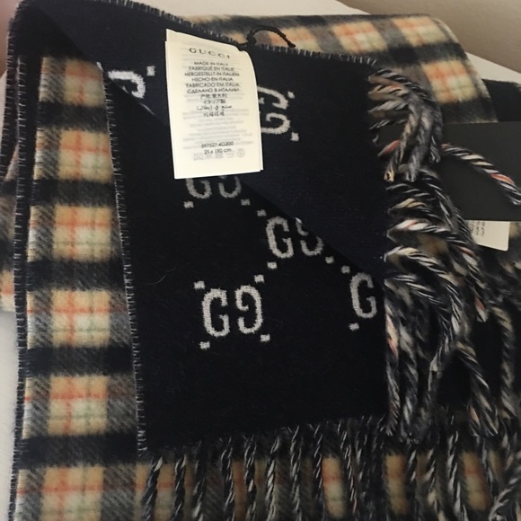 NWT Gucci 597527 4G200 Plaid Gg Pattern Wool 100 Reversible Muffler. - Picture 7 of 9